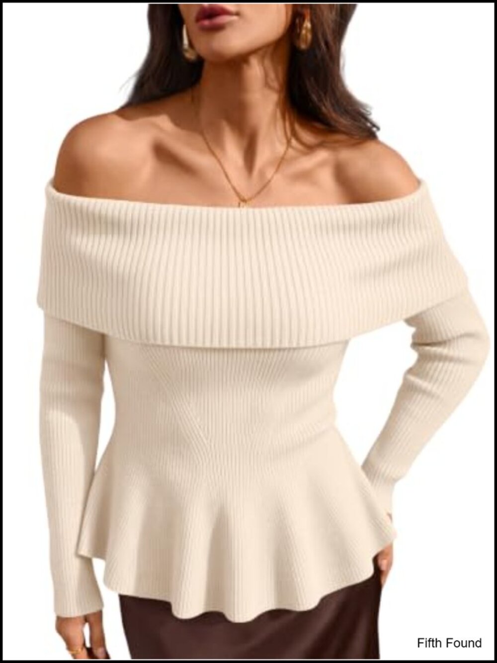 Off Shoulder Babydoll Sweater Ribbed Knit Pullover Long Sleeve